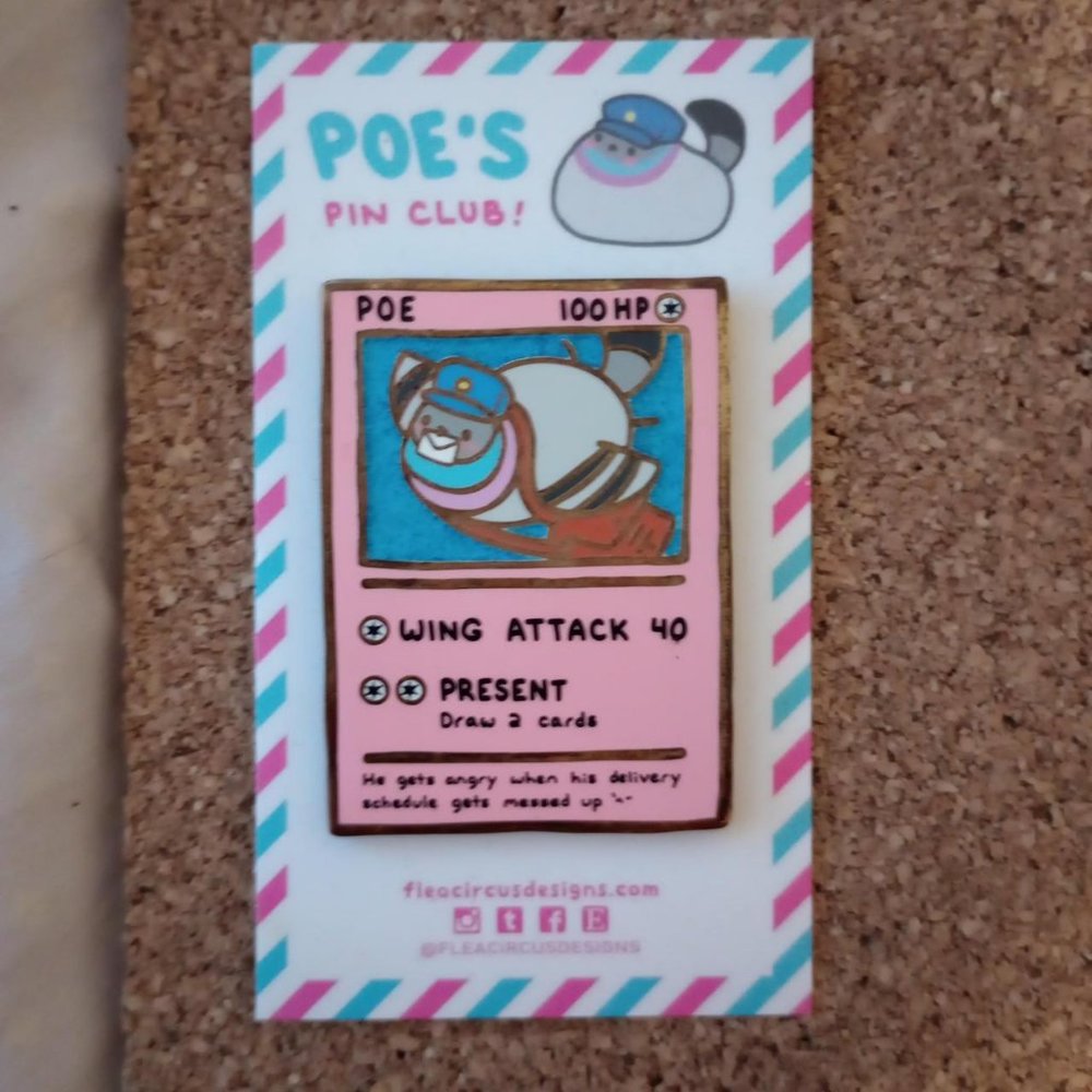 @fleacircusdesigns Patreon exclusive Poe the Pigeon Pokemon Trading Card Pin